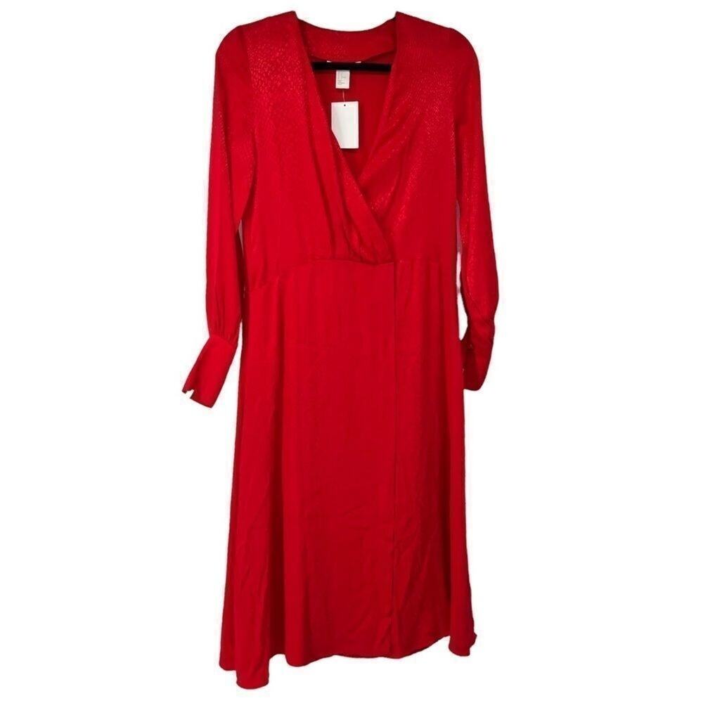 H&M Red Subtle Snakeskin Print Faux Wrap Long Sleeve 100% Viscose Dress